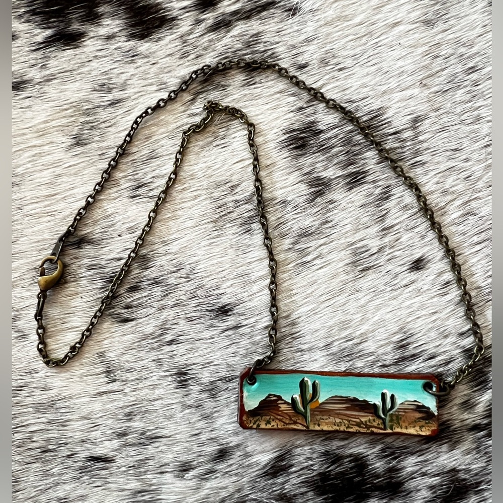 Leather necklace with desert painted scene